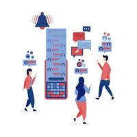 illustration of People using chat apps to communicate with friends, share files, and organize meetings, showcasing digital tools for workplace productivity and collaboration vector