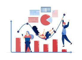 illustration of Employees Working Around a Bar Chart Graph that Goes Up and Down, Reviewing Company Performance and Creating Effective Corporate Planning for Future Growth vector