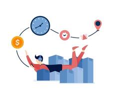 illustration of Young man relaxing on a pile of package boxes after ordering online, showcasing timely and safe delivery to ensure customer satisfaction and secure transactions vector