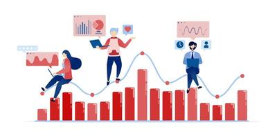 illustration of People analyze financial achievements and company performance by working with line and bar charts, reviewing diagrams and graphs to track career progress and growth vector