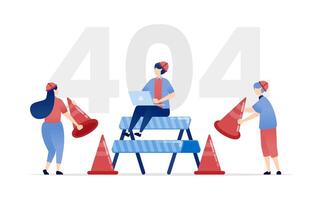 illustration of 404 Not Found or Under Construction. People in Construction Project Gear Illustrating Duration of Development or Website Building for an Engaging User Experience vector
