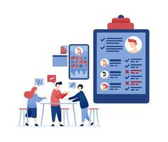 illustration of Human resources professionals recruiting employees by selecting candidates from CV portfolios and social media backgrounds to fill better job positions and promotions vector