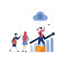 illustration of People referring friends to support business growth, symbolized by bar charts, piles of money, and multi-level marketing strategies for wealth and success vector