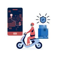 illustration of Delivery drivers delivering online shopping orders with mobile apps and motorbikes for safe e-commerce transactions and fast shipping of packages vector