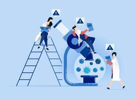 illustration of Students and doctors examining virus development under a microscope to create effective treatments and prevent the transmission of diseases vector
