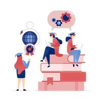 illustration of Students study while sitting on piles of books, wearing graduation gowns, symbolizing intelligence, distance learning, and the power of educated thinking for success vector