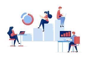 illustration of Professionals Sit on Bar Charts Analyzing Career Improvements and Financial Achievements for Future Goals. Can be used for banners, websites, apps flyers vector