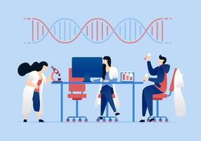 illustration of Doctors and professors work together at a table, using DNA based experiments in the laboratory to discover cures and improve medical treatments for various diseases vector