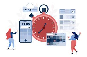 illustration of Flat design illustration showcasing time management and productivity tools, including clocks, mobile apps, and digital reminders, for efficient scheduling and task organization vector