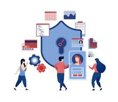 illustration of Face recognition system for data security and user privacy, protecting against data theft with shields, keys, and simplified access controls for safer online interactions vector