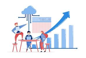 illustration of People gather to review, plan, and strategize at a table, determining the path for career success in sales, finance, and corporate growth through effective decision making vector