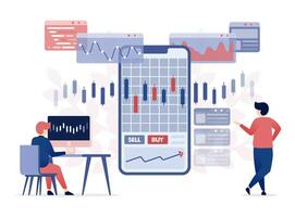 illustration of People Analyze Stock Increases and Investments Using Candle Charts on Financial and Banking Apps Affiliated with Investment Managers vector