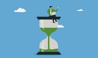 Productivity and time management concept, Businessman in sitting on an hourglass and working on laptop. vector