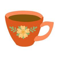 Red tea cup with floral design with warm tea inside and simple botanical elements on the surface. hand drawn illustration isolated on white background vector
