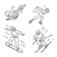 Line art doodle set of winter sports activities including snowboarding, skiing, speed skating, and sledding, showcasing dynamic motion and energy in simple monochrome style. hand drawn sketches vector