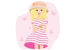 Blond girl with ice cream on the pink background vector