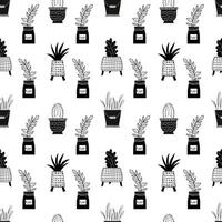 Seamless doodle pattern with the image of domestic plants in pots - cacti, succulents, palm trees. Linear patterns made by hand. Black and white design for fabric, wrapping, stationery, background vector