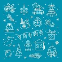 A collection of Christmas icons with thin lines. The set contains icons such as a car, calendar, Gifts, clock, Christmas tree, Snowflake, gingerbread man, mug, twigs, garland and others. vector