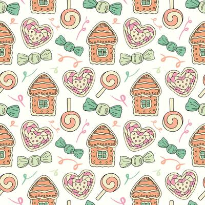 Colorful candies, gingerbread houses, festive seamless pattern. Background with sweets in bright colored wrappers for Christmas wrapping paper, birthday, Valentine's day.