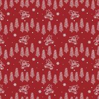 Christmas background seamless pattern with Christmas trees and car. White icons on a red background, a bright pattern for wrapping paper, textiles, clothing, covers. vector