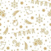 Christmas colorful seamless pattern with New Year decor. A pattern of golden flat icons on a white background. Elegant pattern for packaging, wrapping paper, children's clothes, covers vector