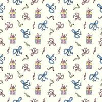 Seamless pattern of colorful Christmas gift boxes with ribbons and bows in doodle style. Festive background with gifts for new year, birthday. Pattern for greeting cards, wrapping paper, packaging vector