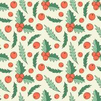 Christmas pattern of holly leaves and berries on a light background. Seamless festive pattern, great for party invitations, postcards, textiles, gift wrapping paper and home decor. vector