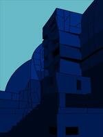Bold angular building constructed with stacked blue geometric blocks. vector