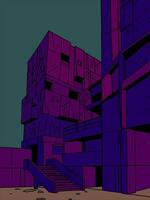 Modern Brutalist Architecture Building Illuminated In Purple Night Lighting With Industrial Staircase. vector