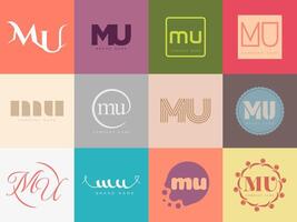 MU logo company template. Letter m and u logotype. Set different classic serif lettering and modern bold text with design elements. Initial font typography. vector