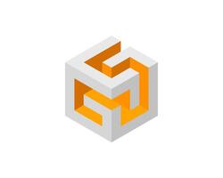 Cube logo, geometric design. Box logotype company, trendy tech emblem in pixel style. vector