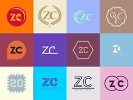 ZC logo company template. Letter z and c logotype. Set different classic serif lettering and modern bold text with design elements. Initial font typography. vector
