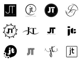 JT logo company template. Letter j and t logotype. Set different classic serif lettering and modern bold text with design elements. Initial font typography. vector