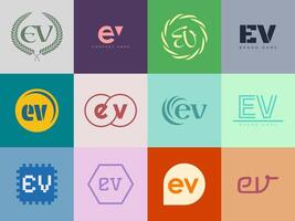 EV logo company template. Letter e and v logotype. Set different classic serif lettering and modern bold text with design elements. Initial font typography. vector