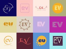 EV logo company template. Letter e and v logotype. Set different classic serif lettering and modern bold text with design elements. Initial font typography. vector