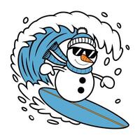 Surfing Snowman Riding a Wave Illustration vector