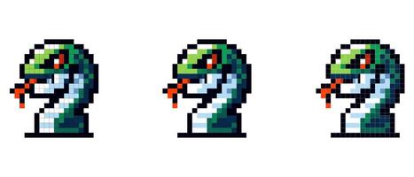 A pixel art snake with a green head and red tongue set against a white background vector