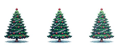 Pixel Christmas tree decorated with Christmas tree decorations and topped with a shining star. vector