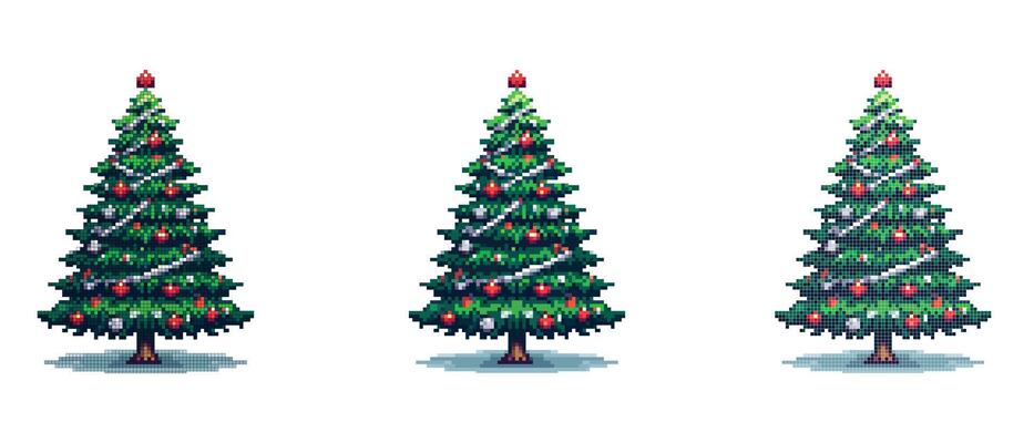 Pixel Christmas tree decorated with Christmas tree decorations and topped with a shining star.