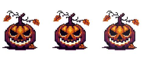 A pixel art jack-o'-lantern with a sinister grin glowing eyes autumn leaves and a twisted stem creating an eerie Halloween vibe vector