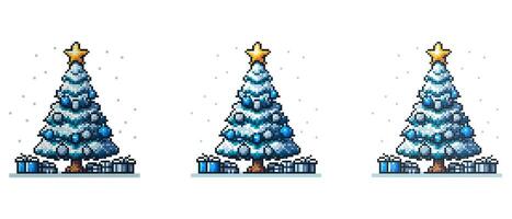 A pixel art Christmas tree covered in snow with a star on top and blue ornaments surrounded by wrapped gifts on the ground vector