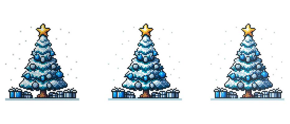 A pixel art Christmas tree covered in snow with a star on top and blue ornaments surrounded by wrapped gifts on the ground