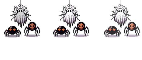 A pixel art ghost hangs from a spider web with two spiders below one with red eyes and the other with a skull face vector