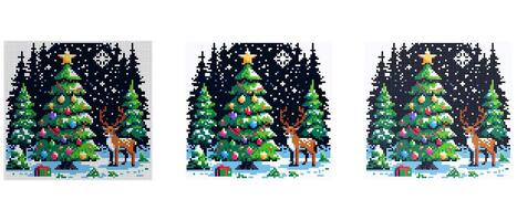 A decorated Christmas tree with colorful ornaments stands in a snowy forest with a reindeer nearby under a starry night sky. vector