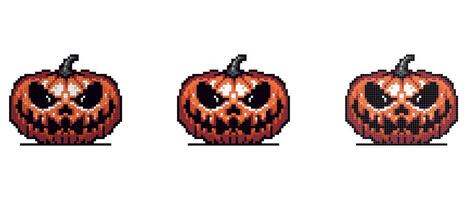 A pixel art image of a Halloween pumpkin with a sinister face and dark eyes and mouth on a white background vector