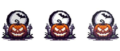 A glowing jack-o'-lantern with a sinister grin sits in front of a full moon with a bat flying across it and gravestones nearby vector