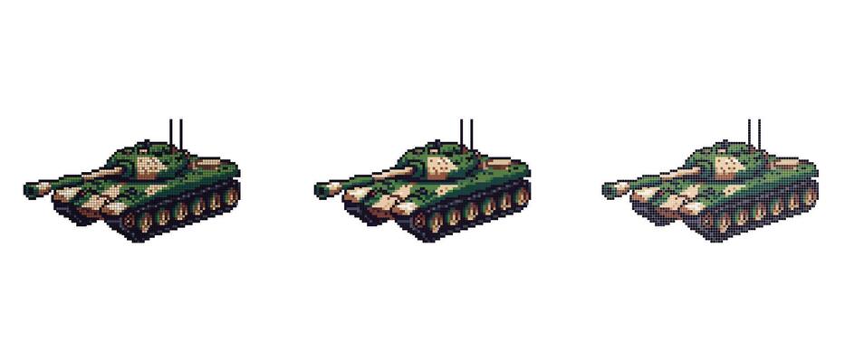 This image shows a pixel art tank with a green and beige camouflage pattern and two antennas.