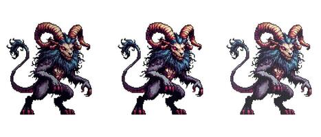 The image shows a pixel art creature with ram horns red eyes a skeletal face a dark furry body and clawed limbs. vector