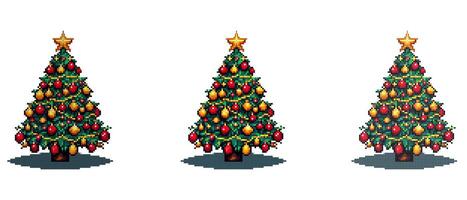 A pixel art Christmas tree decorated with red and gold ornaments and topped with a shining star. vector