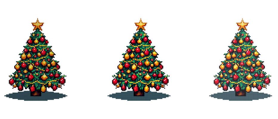 A pixel art Christmas tree decorated with red and gold ornaments and topped with a shining star.
